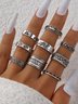 9Pcs Silver Metal Floral Pattern Ring Set Vacation Music Festival Women Jewelry