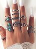 12Pcs Vintage Turquoise Ethnic Motif Ring Set Boho Vacation Women's Jewelry