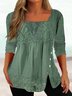 Plus Size Casual Lace Square Neck Long Sleeve Loose Shirt