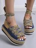 Text Strap Color Block Denim Platform Espadrille Sandals