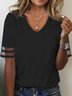 Loose V Neck Casual Mesh Striped Patchwork Design Half Sleeve T-Shirt