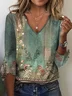 Floral Ethnic Boho Knitted Flare 3/4 Sleeve V Neck Casual Shirt