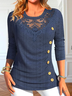 Eyelet Casual Loose Lace Neckline Plain Long Sleeve T-Shirt With Buttoned Design