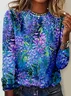 Women's Simple Regular Fit Blue Floral Crew Neck Shirt