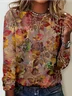 Women's Vintage Flower Print Casual Crew Neck H-Line Long Sleeve Shirt