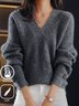 Yarn/Wool Winter Warmth Casual Plain High-Elastic V neck Fleece Loose Long Sleeve Sweater