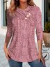 Plain Knitted Buttoned V Neck Casual Loose H-Line Long Sleeve T-Shirt