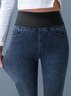 Daily Casual Plain Washing Process Denim Jeans Elastic Band  Straight Long Pants With Pockets