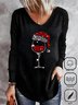 Plus Size Christmas Wine Glass Casual Cotton-Blend Loose T-Shirt