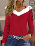 Christmas Plain Fur Collar Cotton-Blend Holiday Casual V Neck H-Line Long Sleeve T-Shirt