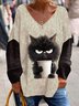 Cat Knitted V Neck Casual Shirt