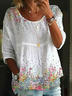 Loose Crew Neck Floral Casual Linen Shirt