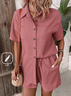 Plain Buckle Shirt Collar Casual Two-Piece Set