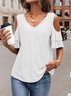 Off Shoulder Sleeve Plain Loose Casual V Neck T-Shirt