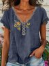 Women's Short Sleeve Cotton Blouse Summer Embroidered Cotton V Neck Top