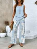 Women's Floral Leaf Two-Piece Set Light Blue Casual Summer Top with Pants