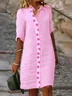 V Neck Casual Buckle Cotton And Linen Dress