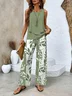 Women's Floral Leaf Two-Piece Set Light Blue Casual Summer Top with Pants