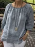 Crew Neck Plain Casual Cotton Blouse