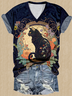 Casual V Neck Cat Loose T-Shirt