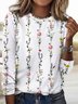 Floral print round neck long sleeved casual T-shirt