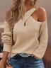 Yarn/Wool Yarn Casual Loose Cross Neck Off Shoulder Sleeve Sweater