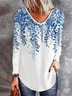 Blue leaf print casual V-neck women's T-shirt