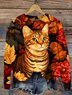 Cat Crew Neck Loose Maple Leaf Casual Sweater