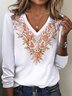 Ethnic floral print casual V-neck women's T-shirt