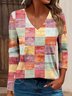 Colorful plaid printed V-neck casual women's T-shirt