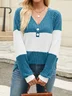 Women's Long Sleeve Blouse Spring/Fall Black Color Block V Neck Daily Going Out Casual Top