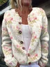 Fresh Pink Flowers and Green Leaves Print Buttoned Cardigan