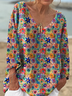 Colorful Hippie Style Floral Pattern Printed Women's Casual V-Neck Long Sleeve Comfortable Cotton T-Shirt