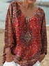 Women's Vintage Art Print Casual V-neck Long Sleeve Comfortable Cotton T-shirt