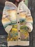 Women's Embroidered Floral Landscape Art Painting Comfortable Knitted Hooded Cardigan