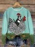 Women's Funny Christmas Cat And Sledding Chicken Print Sweatshirt
