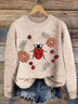 Women's Embroidered Floral Ladybug Print Crew Neck Knit Sweater