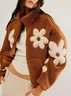 Floral Pattern Loose Mock Neck Vintage Teddy Jacket