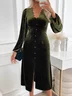 Women's Long Sleeve Spring/Fall darkgreen Plain V Neck Holiday Going Out Casual Midi H-Line Dress