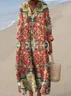 Women's V Neck Vintage Floral Art Print Loose Dress