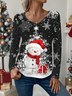 Christmas Print V-neck Long-Sleeved T-shirt