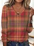 Women's Vintage Plaid V-neck Long Sleeve T-shirt