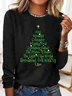 Women's T shirt Tee Black Christmas Tree Text Print Long Sleeve Christmas Crew Neck T-Shirt