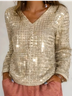 Women's V-Neck Sequined Long Sleeve T-Shirt Top