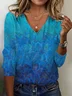 Leaf Print Long Sleeve V-Neck T-shirt
