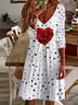 Women's Long-Sleeved Spring Floral Love Valentine's Day Polka Dot Print V-neck Casual Dress