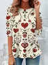 Women's Floral Hearts Valentine's Day Print Casual Round Neck Tunic T-Shirt