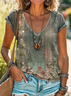 Women's retro ethnic floral print V-neck T-shirt