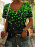 Print Casual V Neck Cotton Short Sleeve T-Shirt