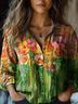 Women's Vintage Art Floral Print Cotton and Linen Long Sleeve Shirt